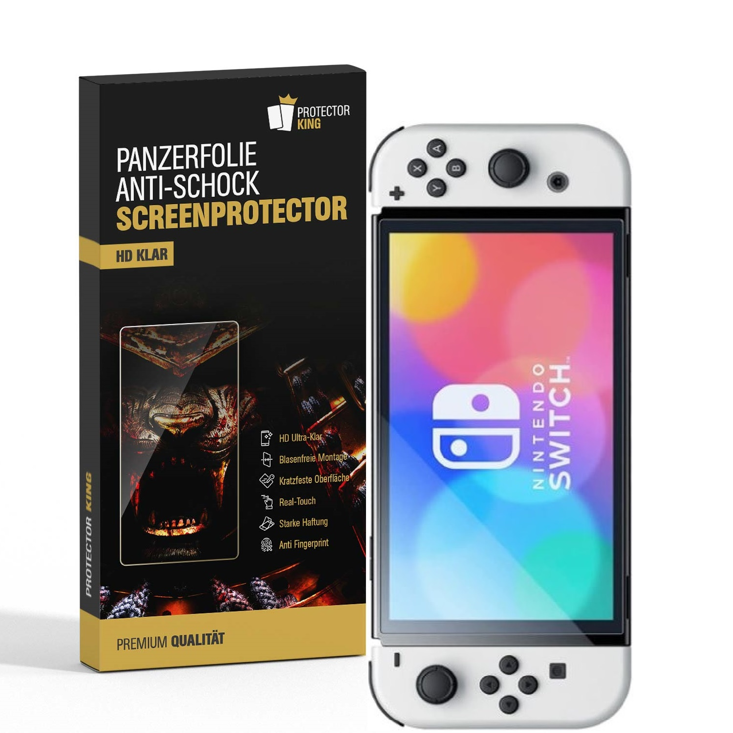 Nintendo Switch mit Displayschutzfolienbox. Auf der Box steht 'SCREENPROTECTOR'.