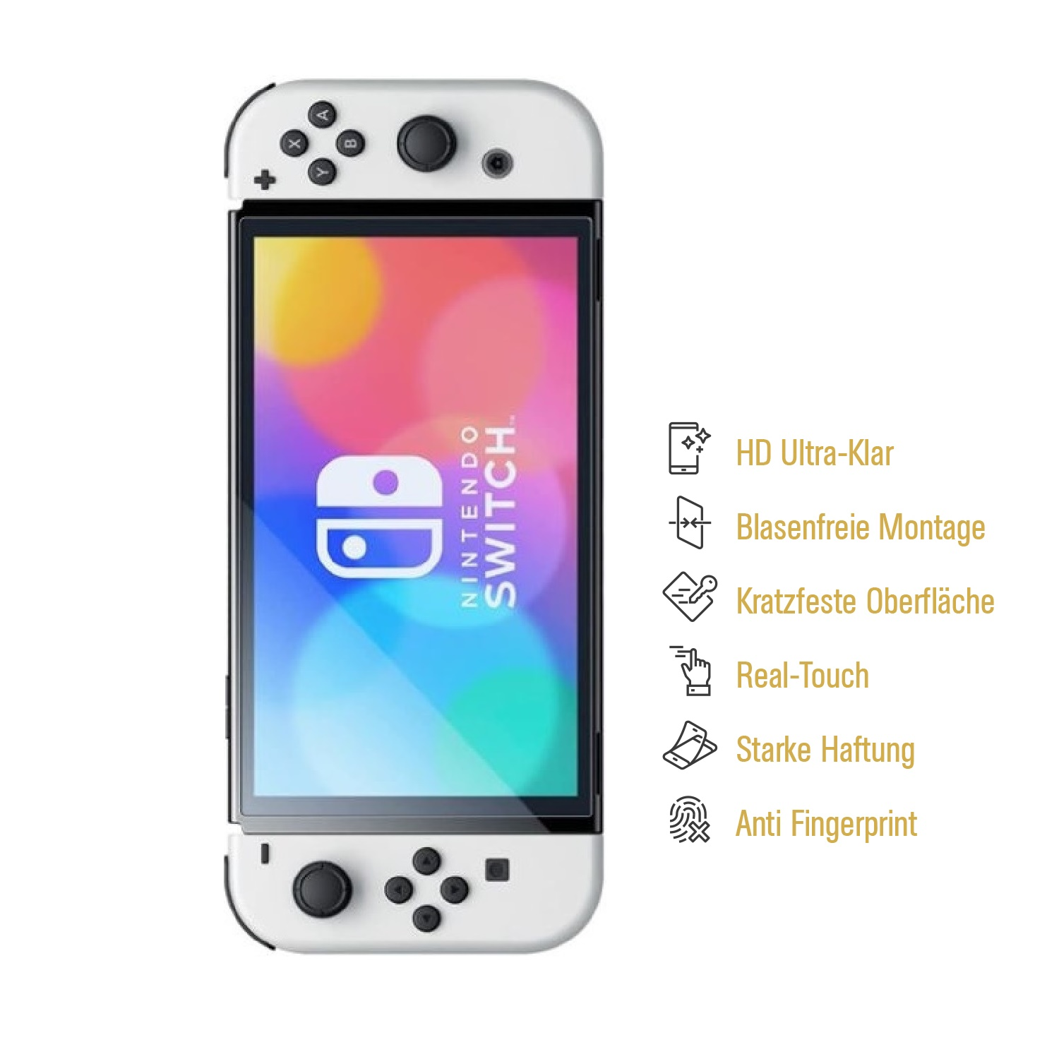 Weiße Nintendo Switch-Konsole mit weißen Controllern. HD Ultra-Klar, Blasenfreie Montage Funktionen.