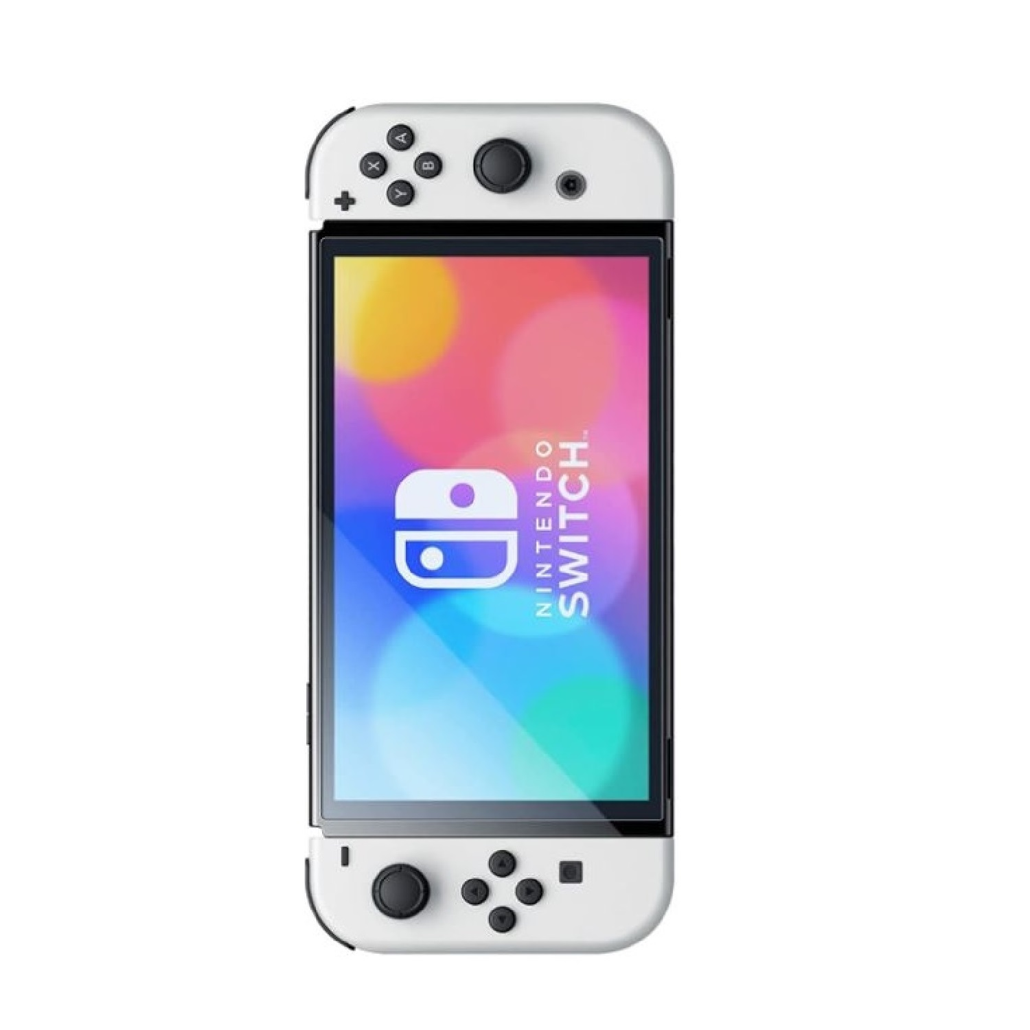 Eine weiße Nintendo Switch-Konsole mit angeschlossenen Controllern auf weißem Hintergrund.