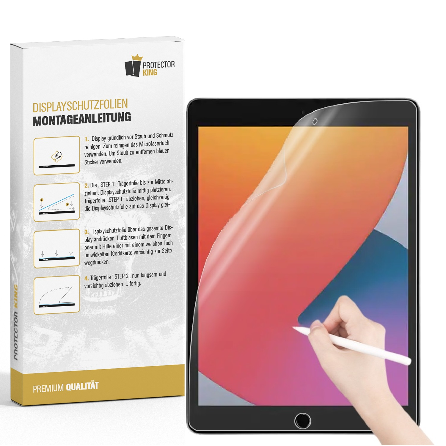 Ein iPad mit aufgebrachter Displayschutzfolie, mit einer Box und Anweisungen.