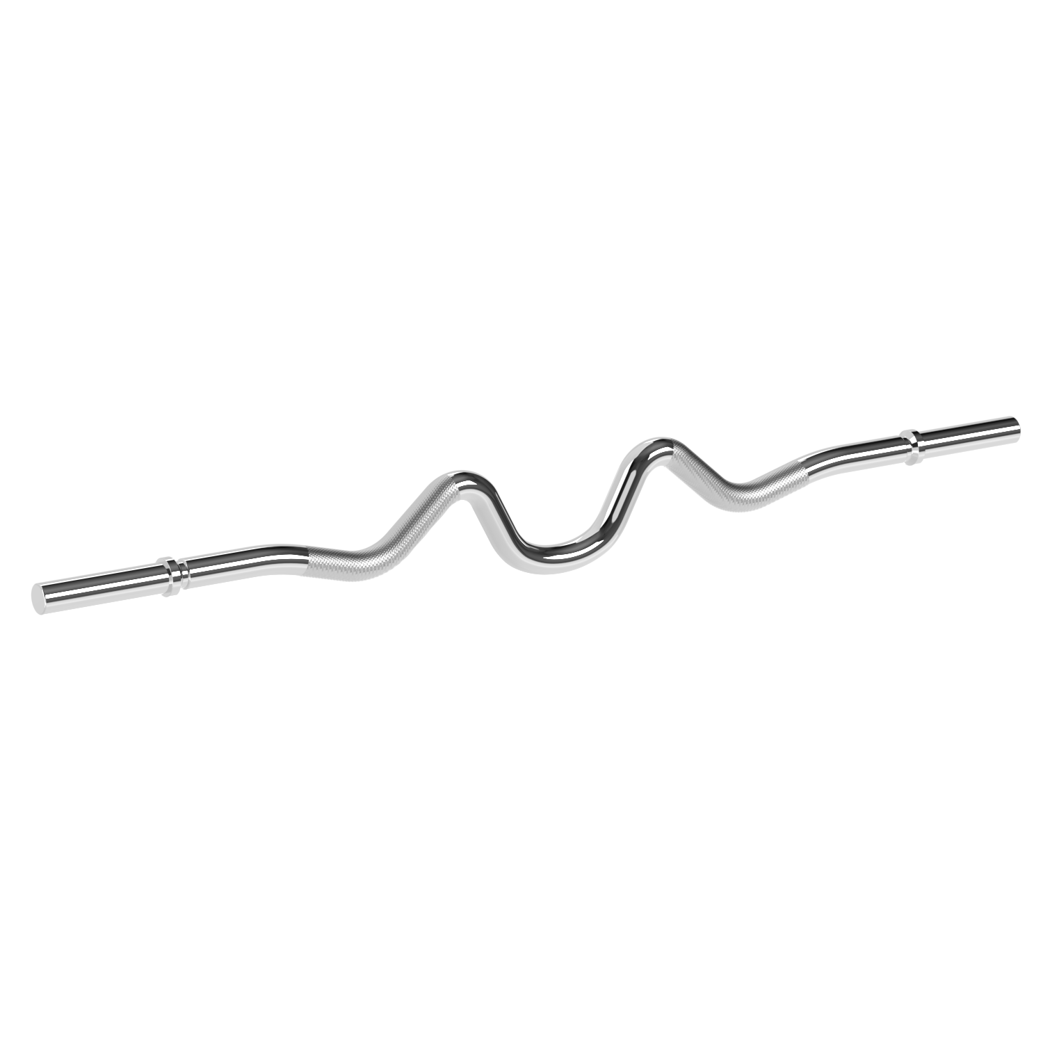 A curved barbell with a textured grip and smooth ends, isolated on a white background.