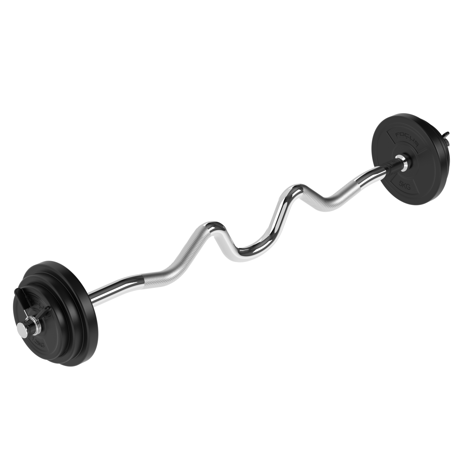 A chrome EZ curl bar with two black weight plates, on a white background.