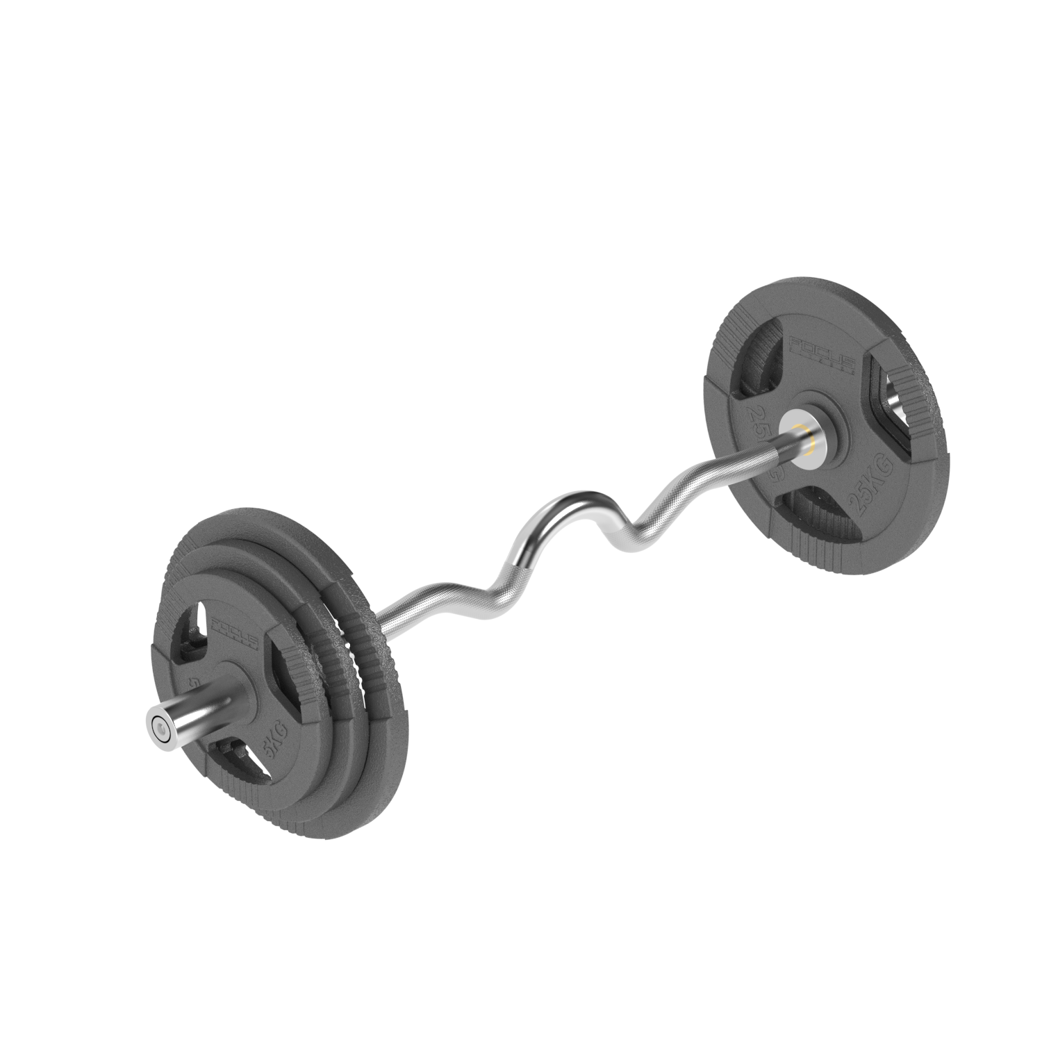 Ez-curl barbell with weight plates on a white background, ready for exercise.