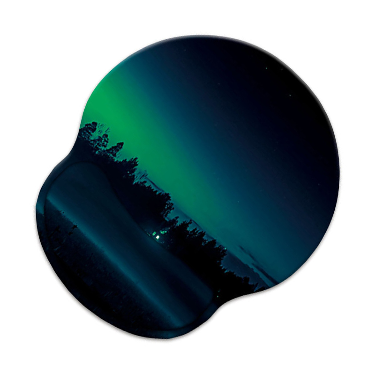 Een muismat met een landschapsafbeelding van het noorderlicht.