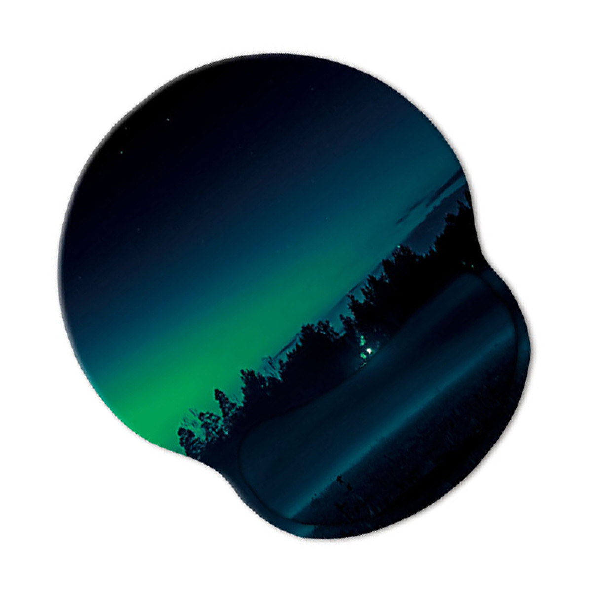 Ovale muismat met een afbeelding van het noorderlicht. Groen en donkerblauw. Witte achtergrond.