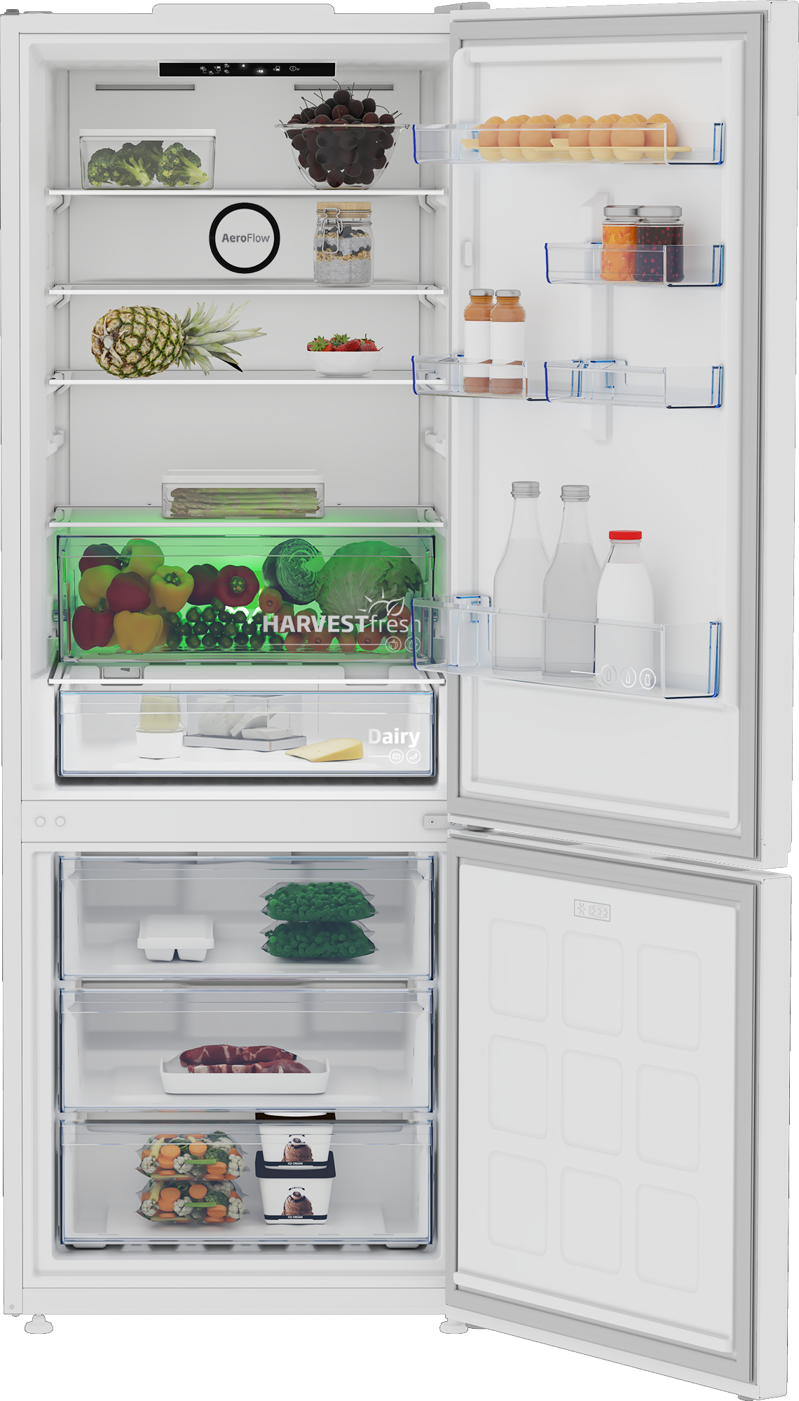 Refrigerador blanco abierto con varios alimentos. Se ven verduras, frutas y productos lácteos.