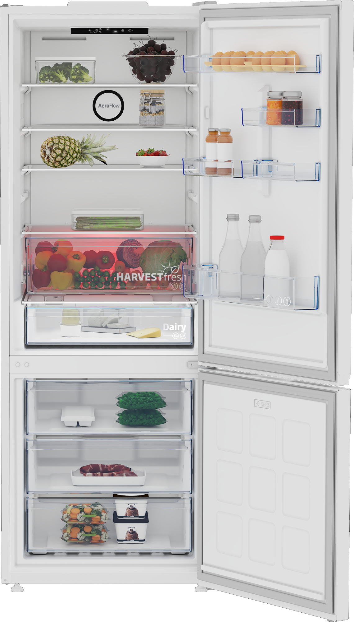 Un refrigerador blanco con la puerta abierta, revelando estantes llenos de alimentos.