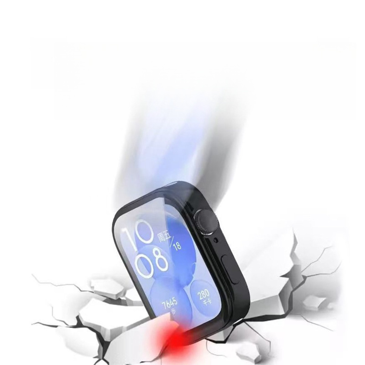 Smartwatch nera con schermo che mostra l'ora, effetto pavimento crepato e sfondo bianco e azzurro.