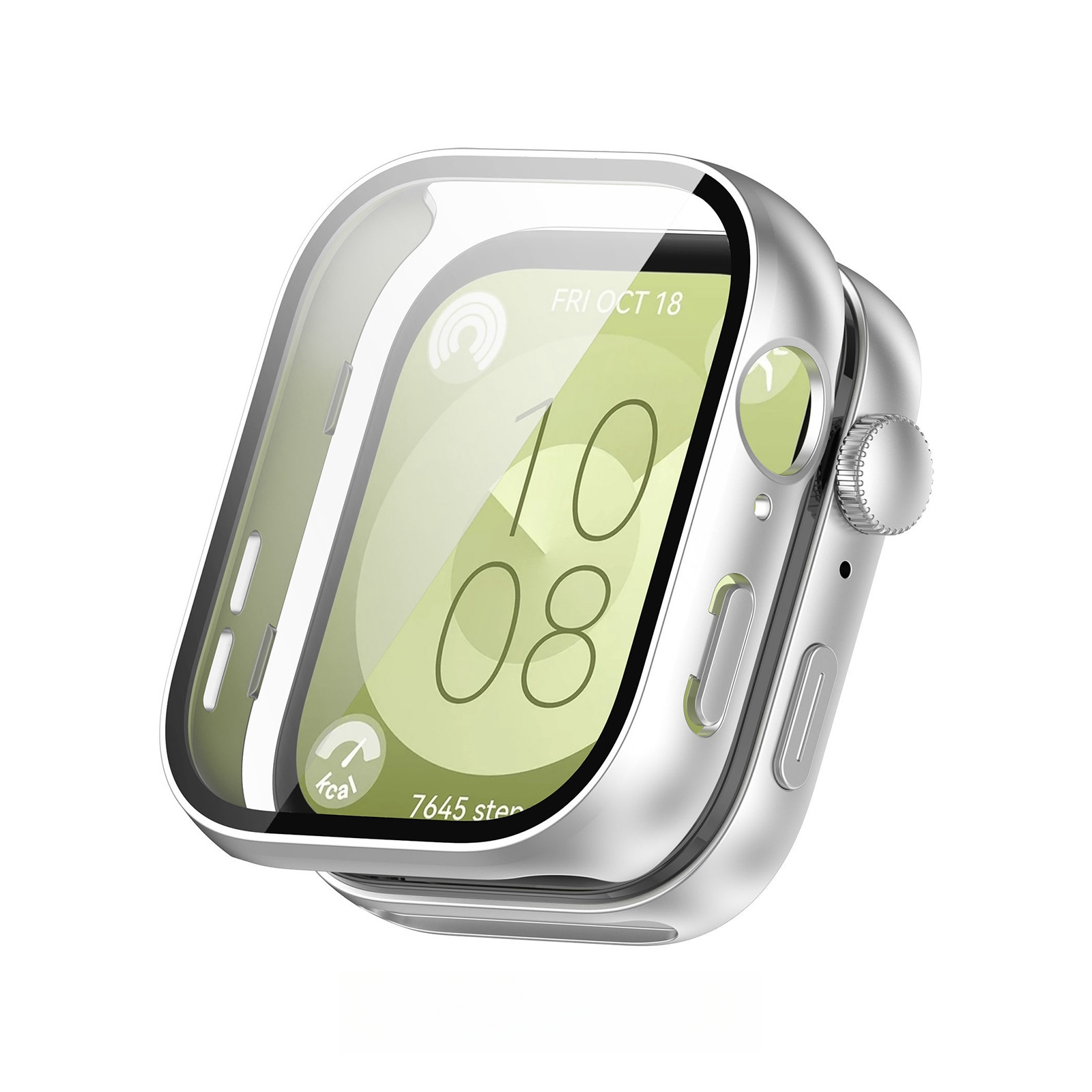 Smartwatch argentato con protezione schermo trasparente. Lo schermo mostra data e ora. Primo piano.