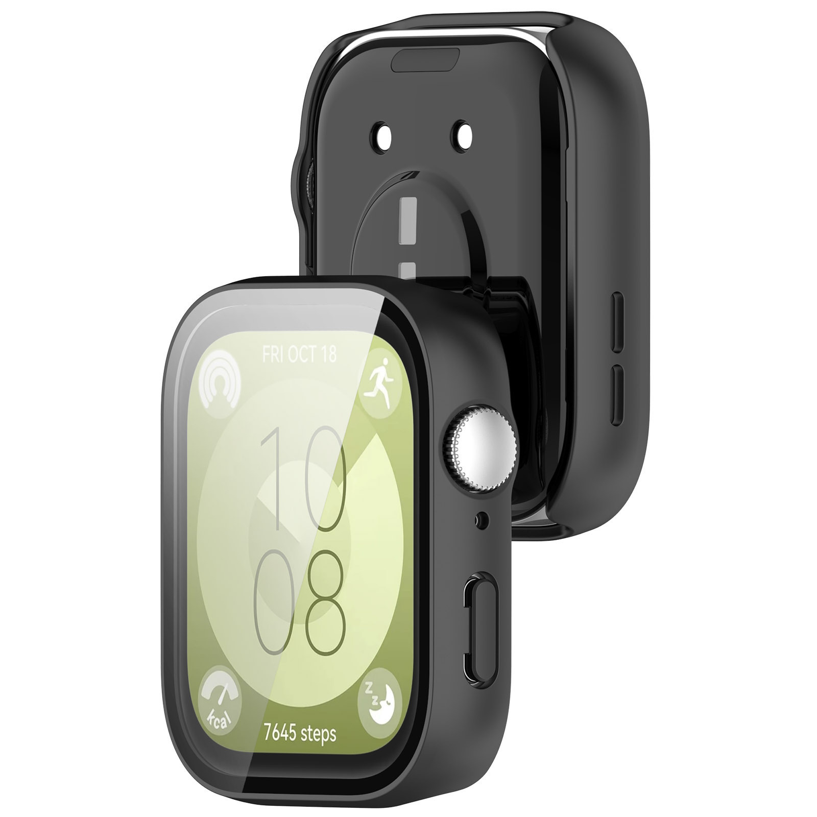Smartwatch nera con schermo che mostra l'ora e i passi. Dietro, una seconda custodia dell'orologio.