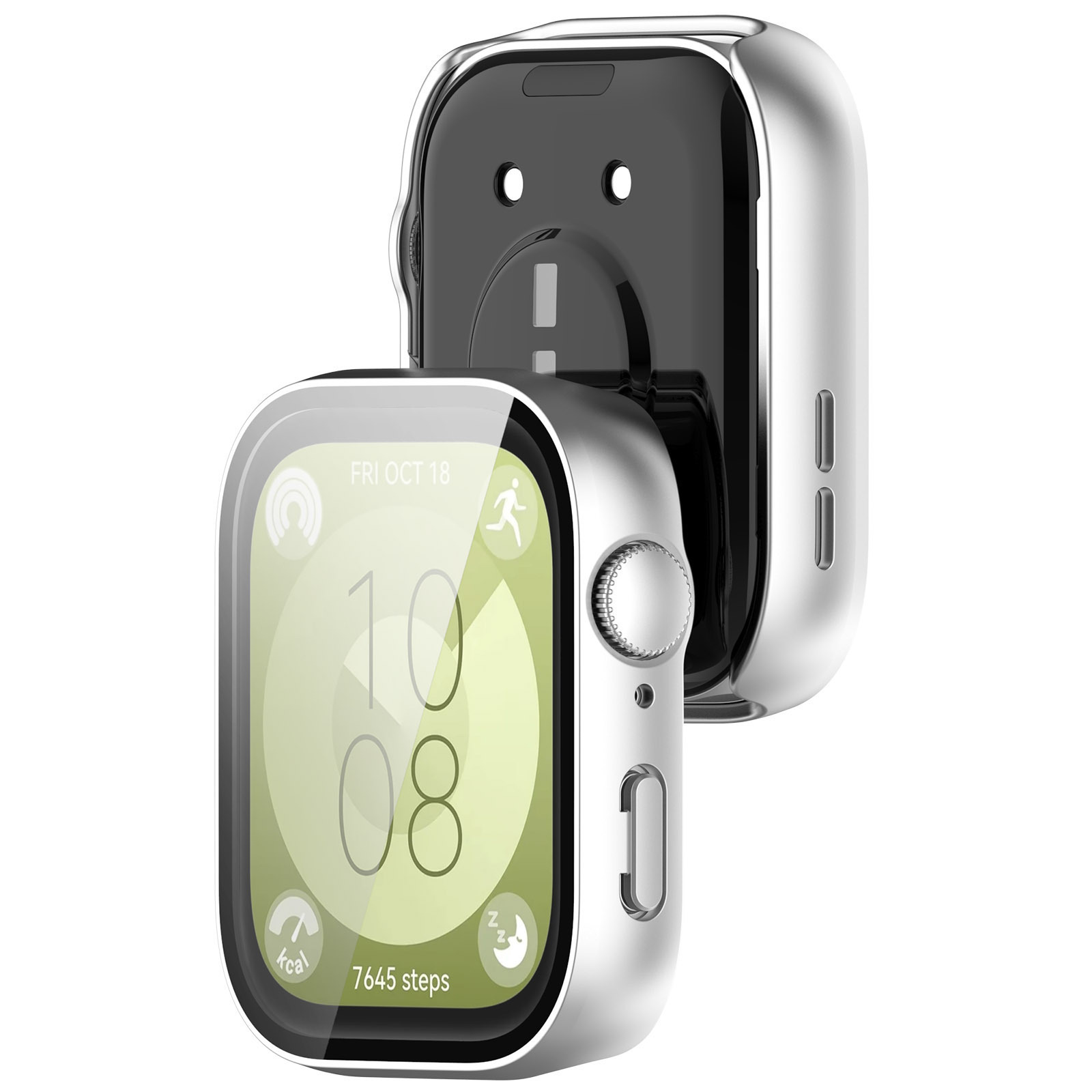 Smartwatch argentato con display verde che mostra l'ora e i passi. L'orologio sullo sfondo è nero.