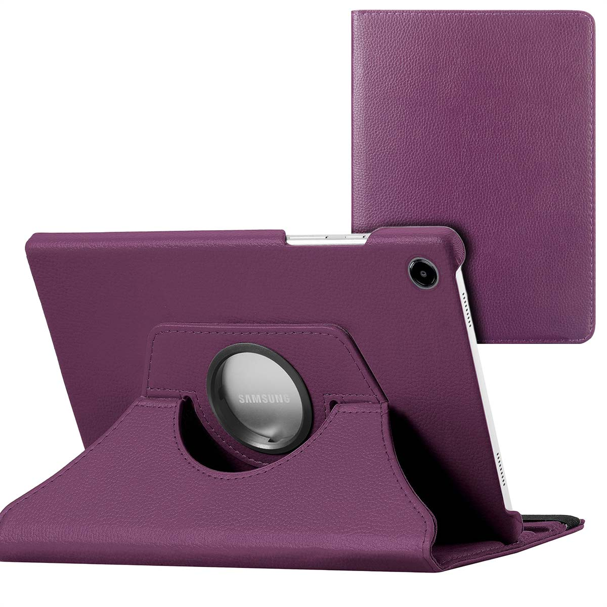 Tablette violette dans un étui à support, montrant l'arrière avec caméra et une housse séparée.