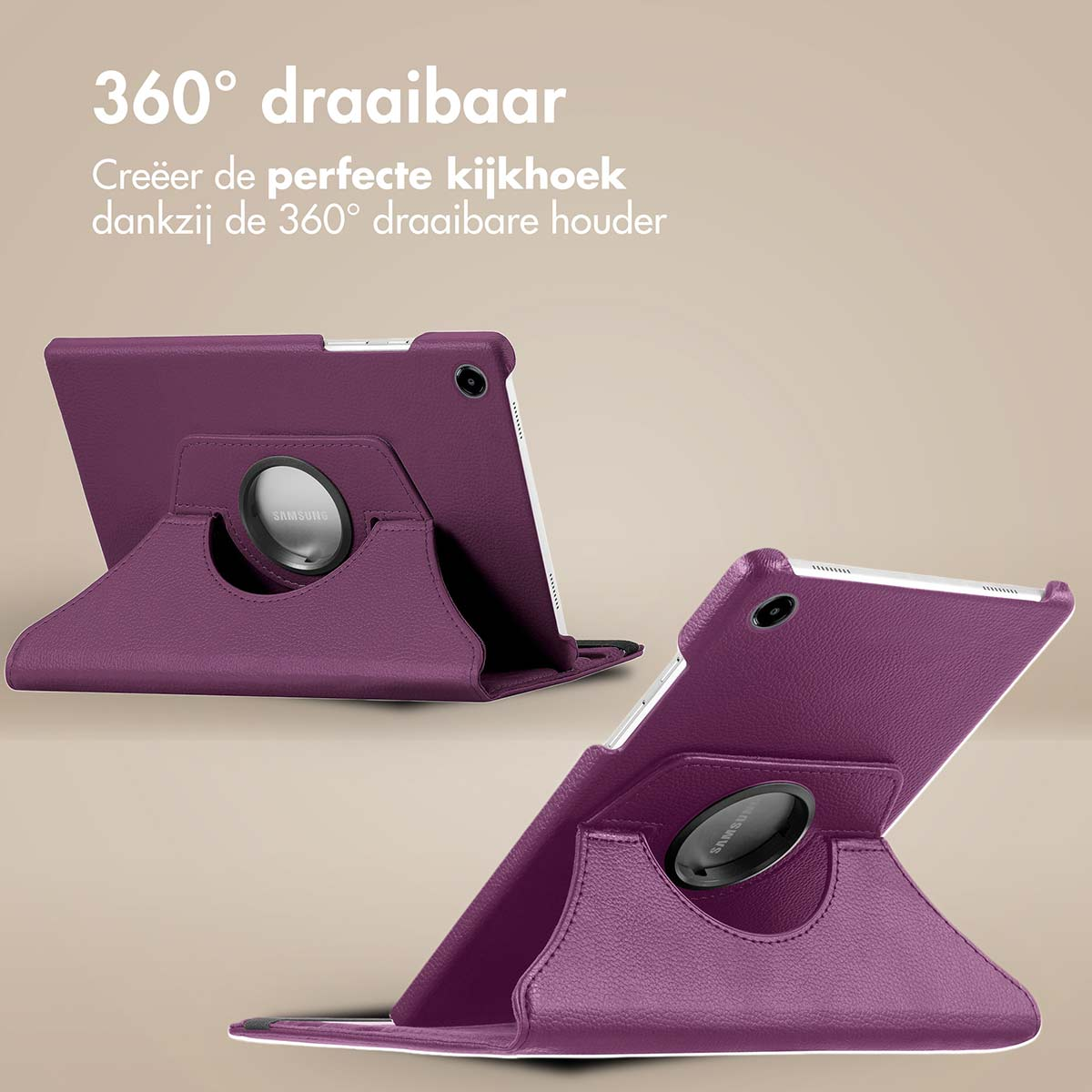 Étui de tablette violet montrant différents angles. Une tablette est dans l'étui.