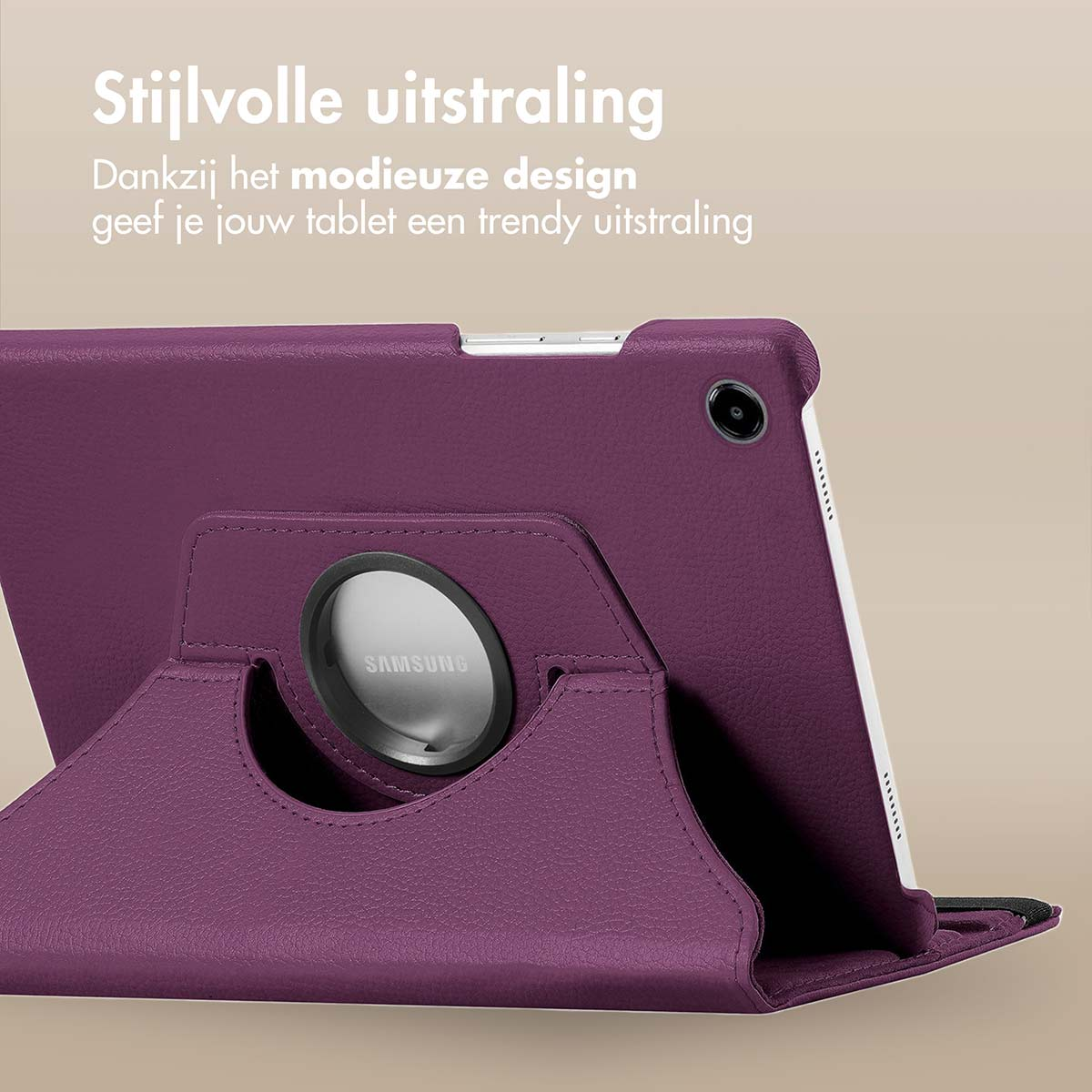Étui de tablette violet avec logo Samsung, ouvert avec tablette. L'étui est debout.