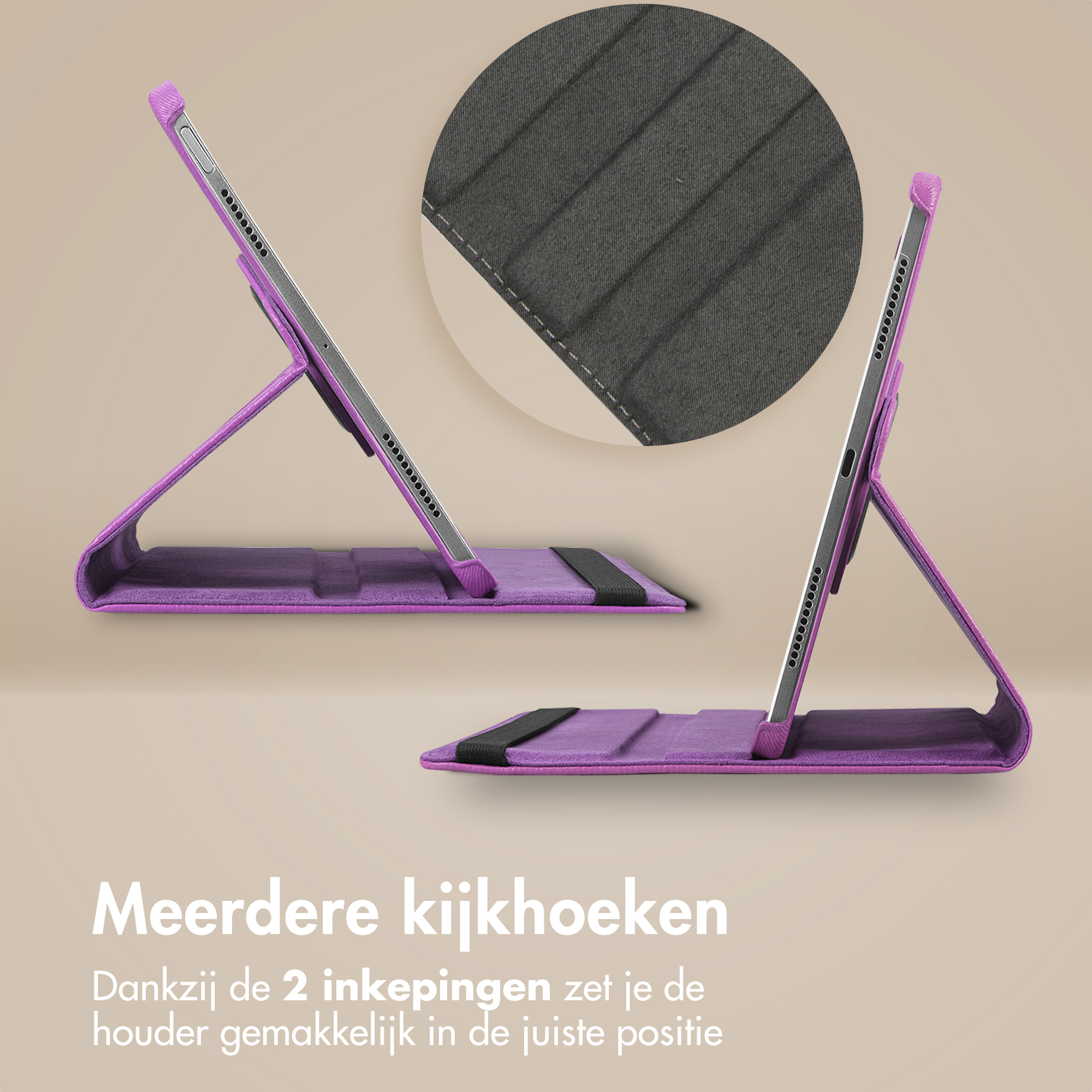 Étui de tablette violet avec deux angles de vision. Gros plan sur les coutures et l'intérieur gris.