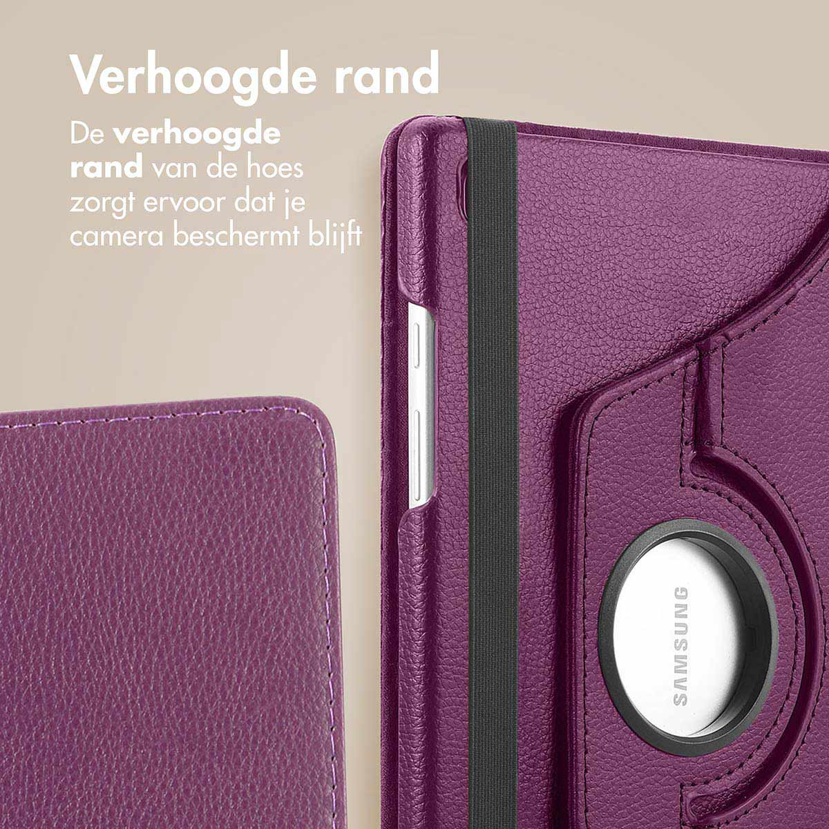 Étui de tablette violet avec bande élastique noire et ouverture circulaire.