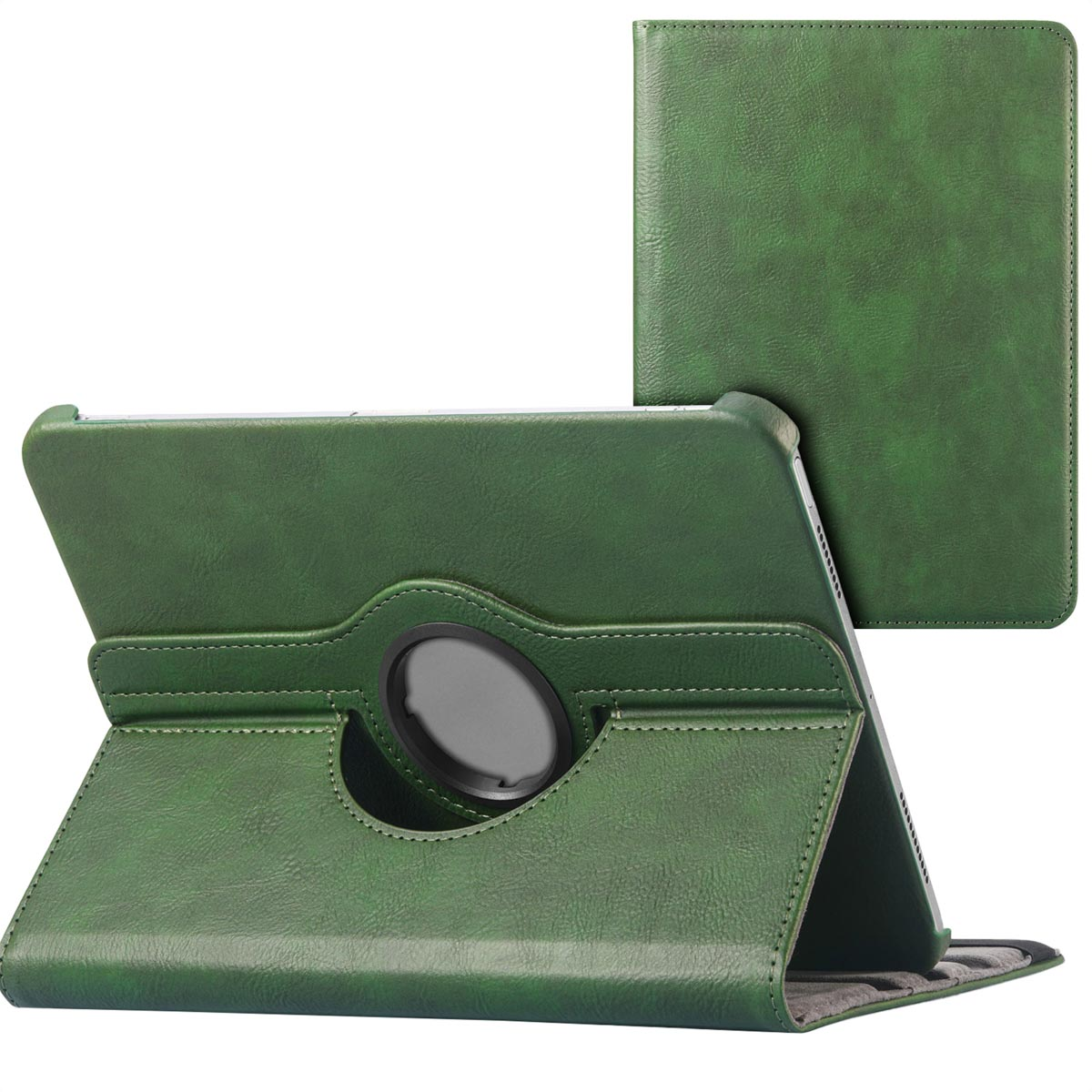 Green tablet case with rotating stand, opened, showing the tablet and closed showing the back.