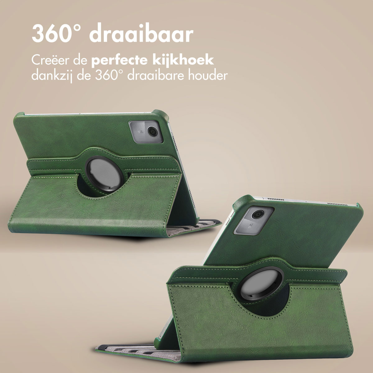Two green tablet cases showing a 360-degree rotating design. The text '360° draaibaar' is visible.