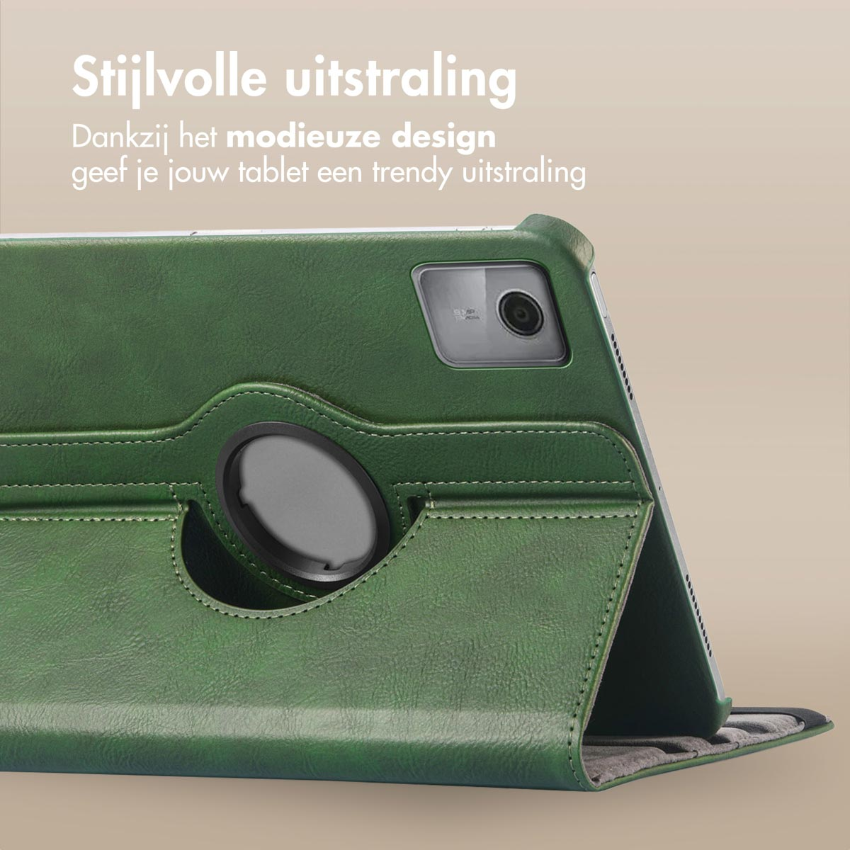 Green tablet case, showcasing a tablet with camera, and a close-up of the case design.