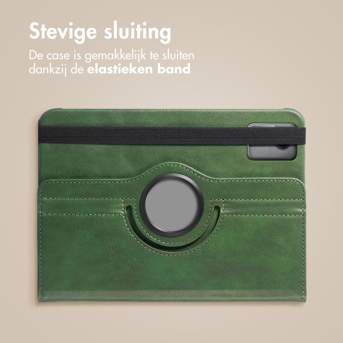 Green tablet case with a black elastic band, with a gray interior and a camera hole.