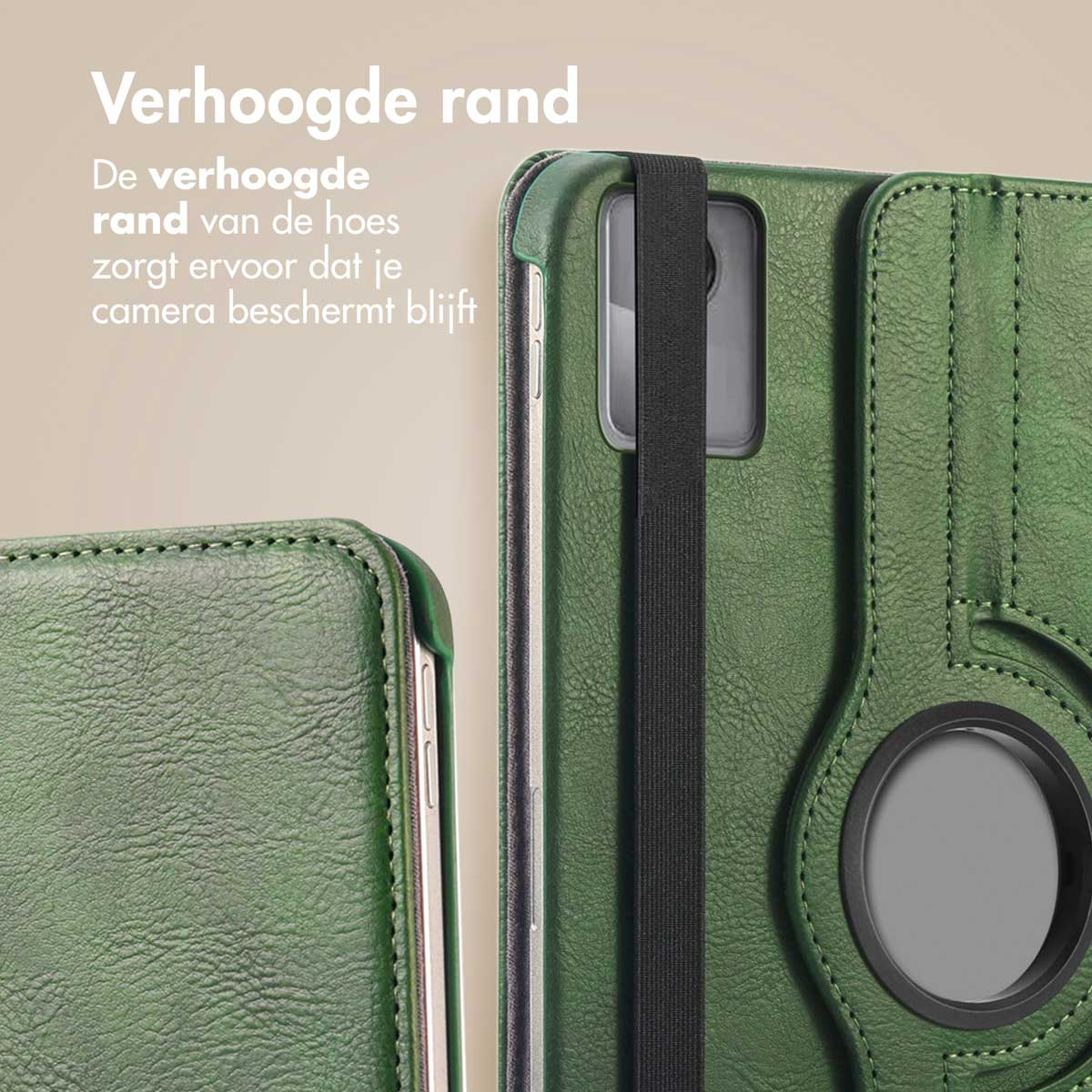 Green tablet case with a black strap. The case is partially opened with the tablet inside.