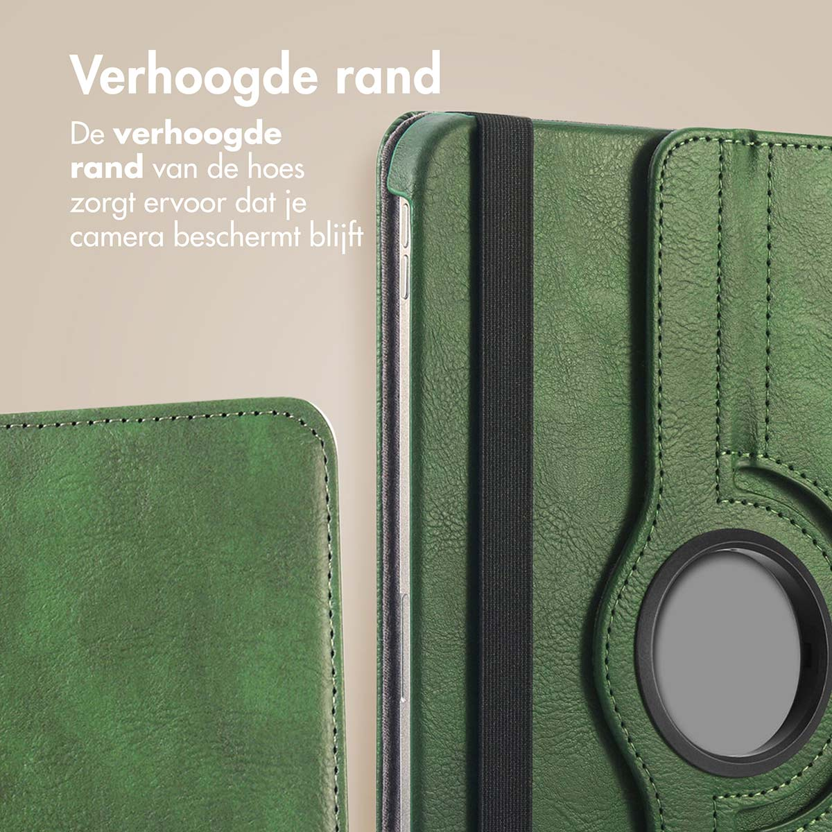 A close-up of a green tablet case, with the corner of a tablet and a black strap. The background is light.