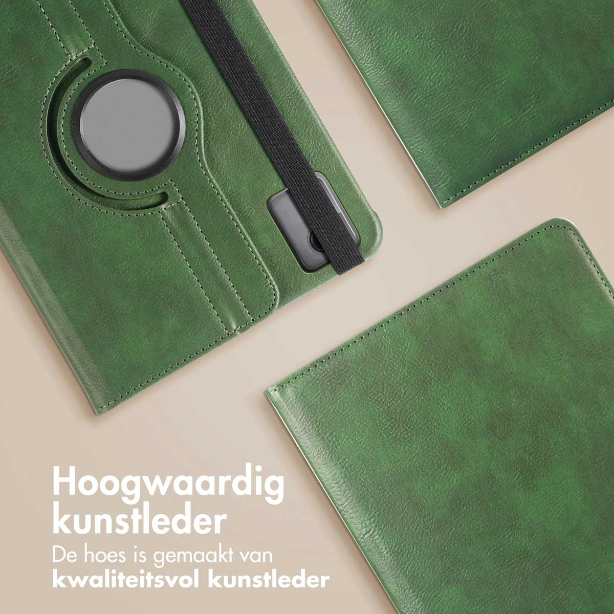 Green tablet case with a black elastic band, and a circular opening.