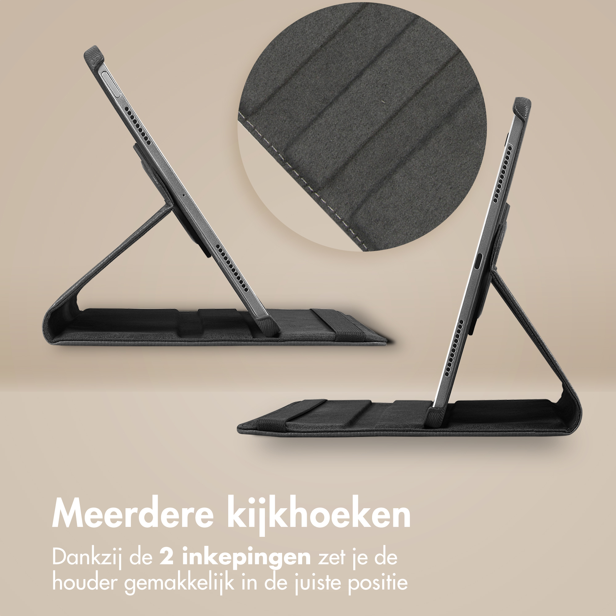 Deux supports de tablette noirs, un avec la tablette qui le supporte. Gros plan du tissu.