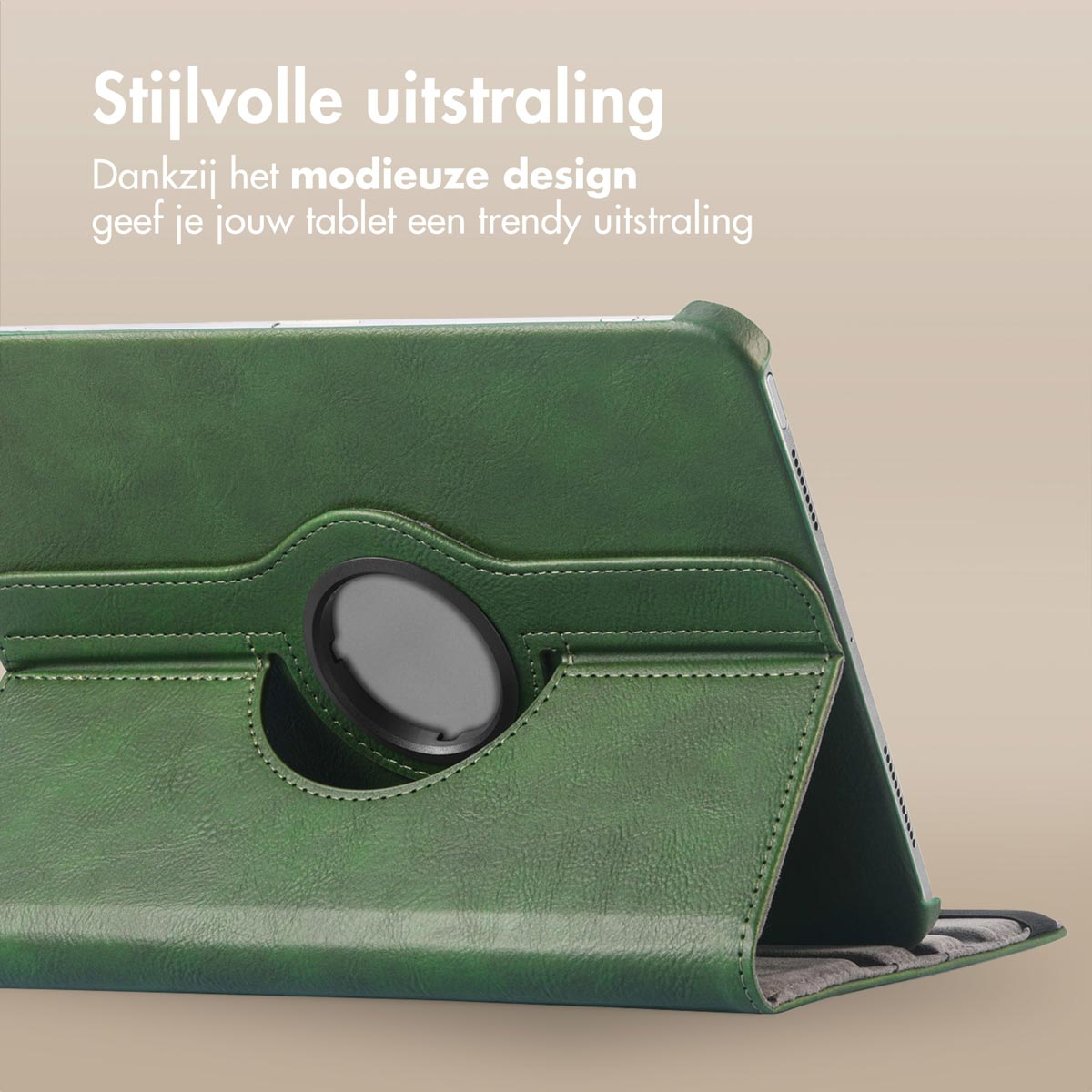 Green tablet case with a stand and rotating mechanism. The background is a light brown.