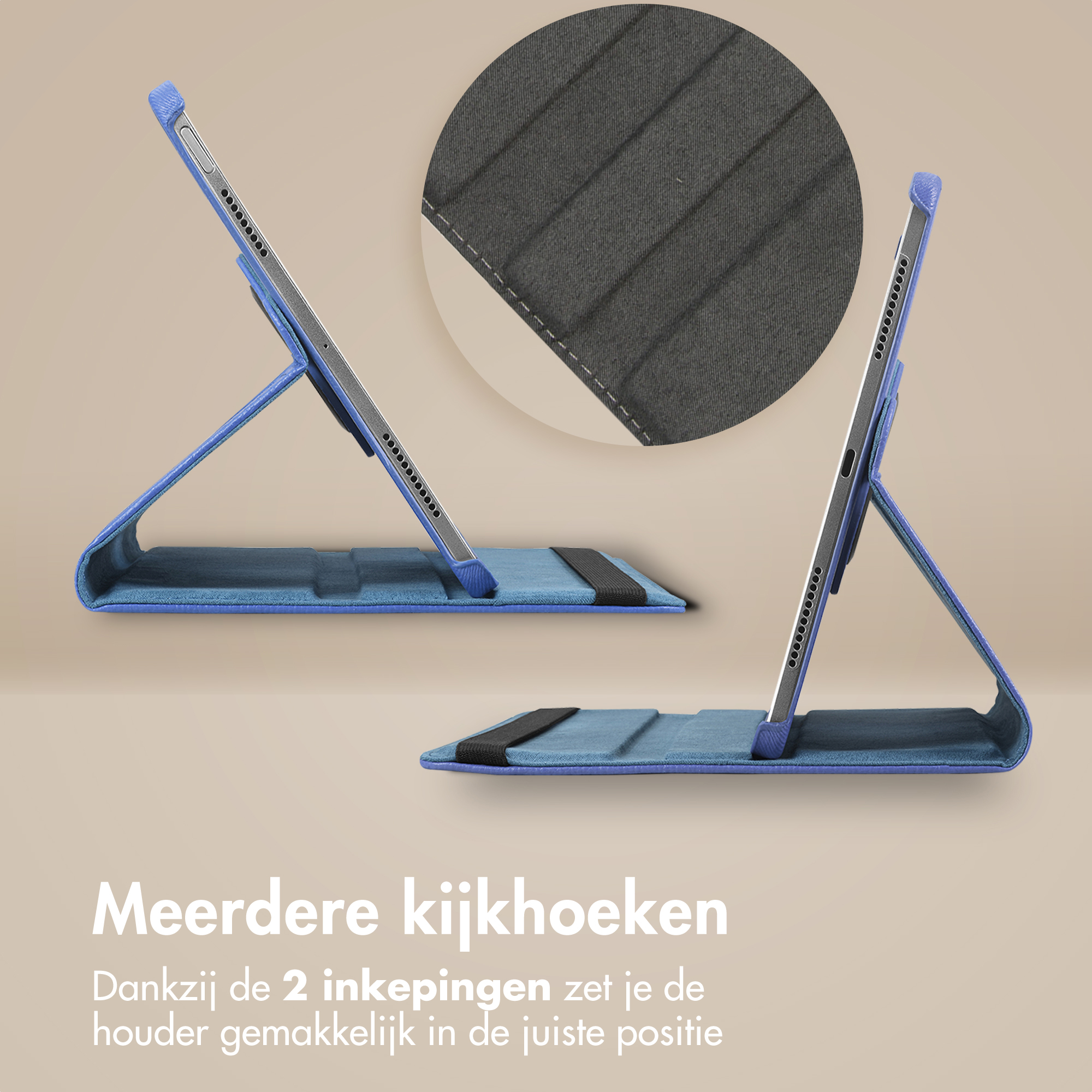 Blue tablet case in two positions, with text: Multiple viewing angles.
