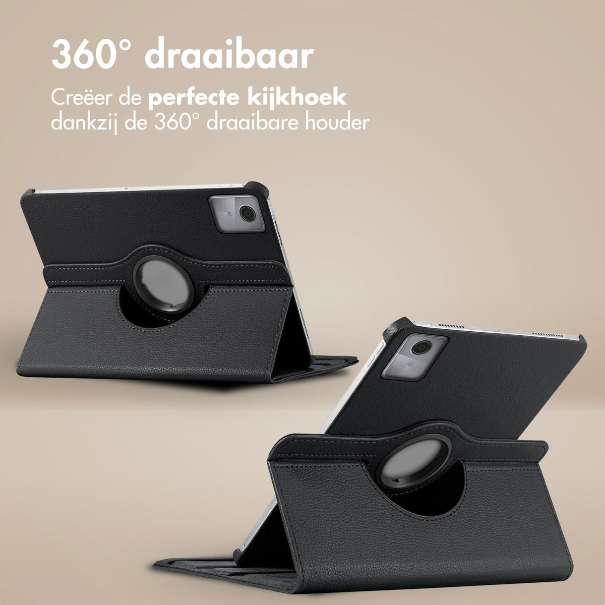 Two black tablet cases with a rotating black circular holder, and the tablet visible.