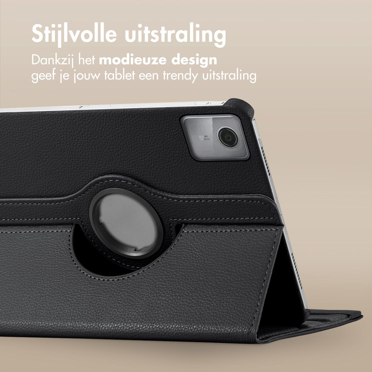 A black tablet case with a tablet, with text: Stylish appearance.