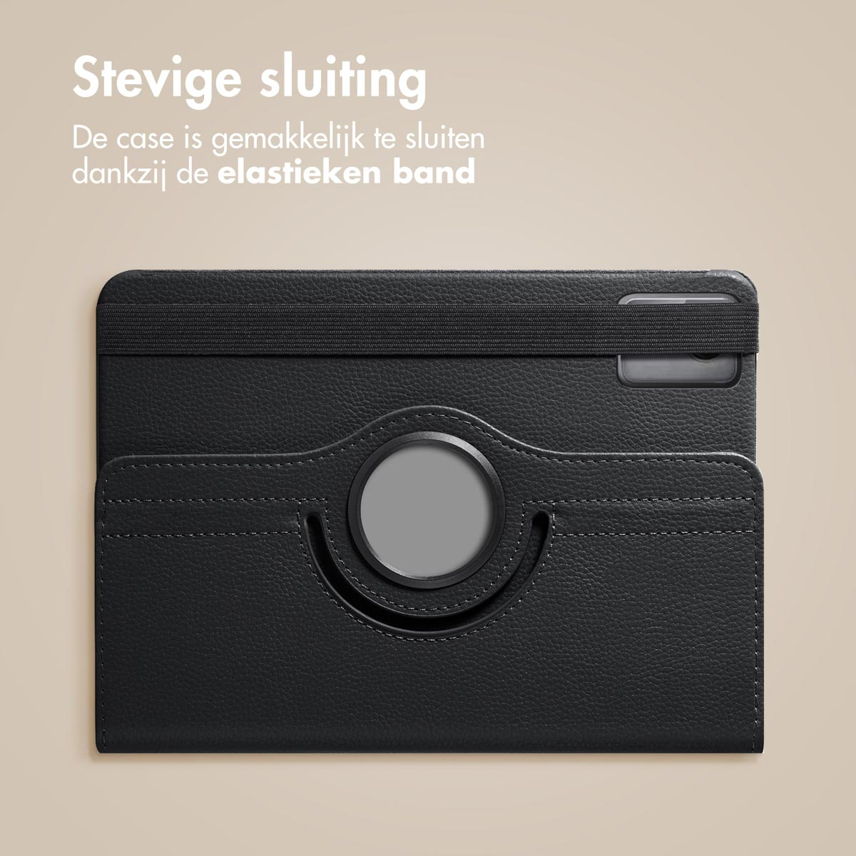 Black tablet case with a circular cutout, showing the device with a band closure.