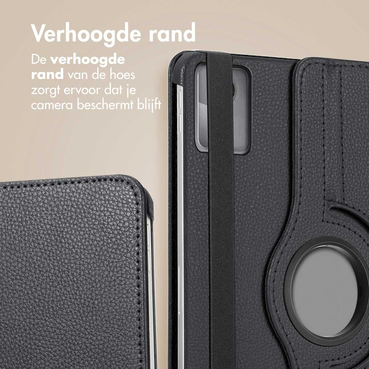 A black tablet case with a black strap. The text 'Verhoogde rand' is visible.