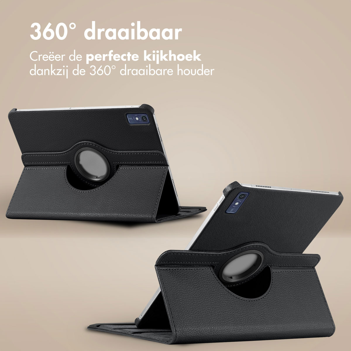 Black tablet case with a rotating holder. Tablet in two positions, with a gray interior.