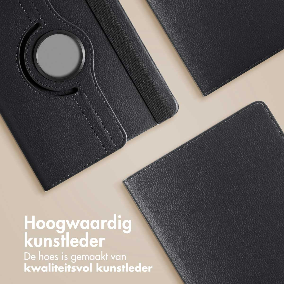 Close-up of a black tablet case, showing leather texture and design details.