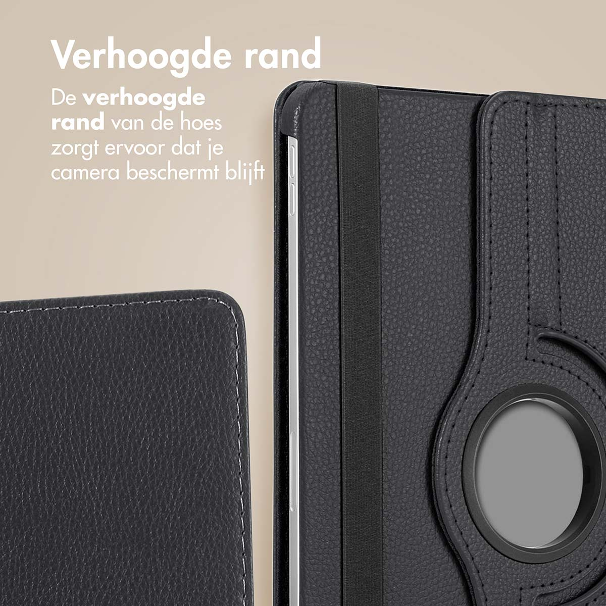 A close-up of a black tablet case. The case has a raised edge. Text at the bottom says, “Verhoogde rand.”