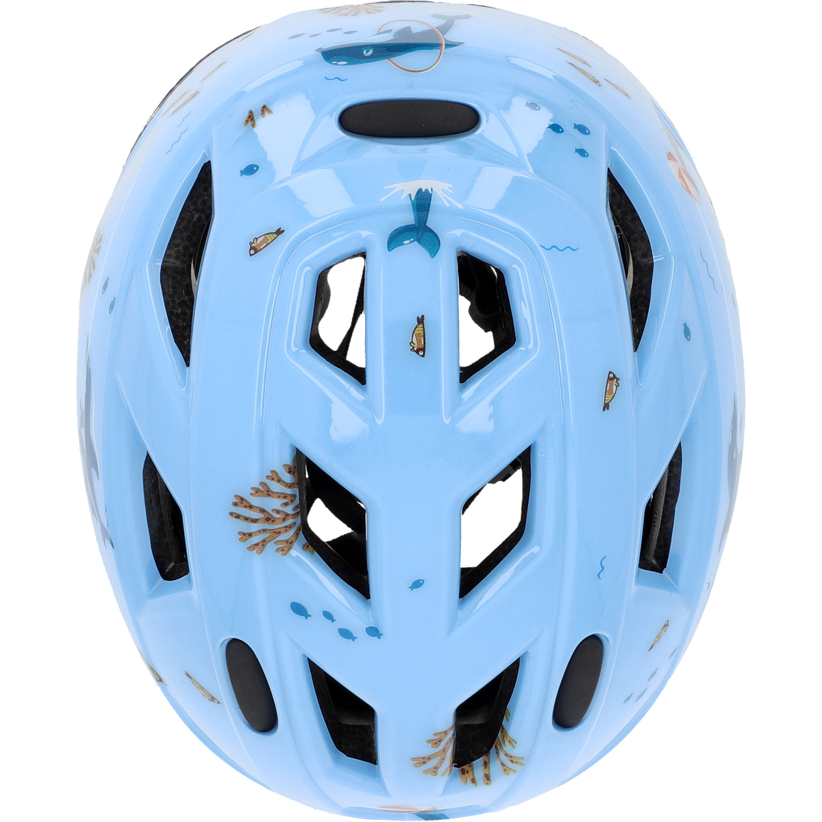 Ein hellblauer Fahrradhelm mit Meeresbewohner-Mustern und Belüftungsöffnungen.