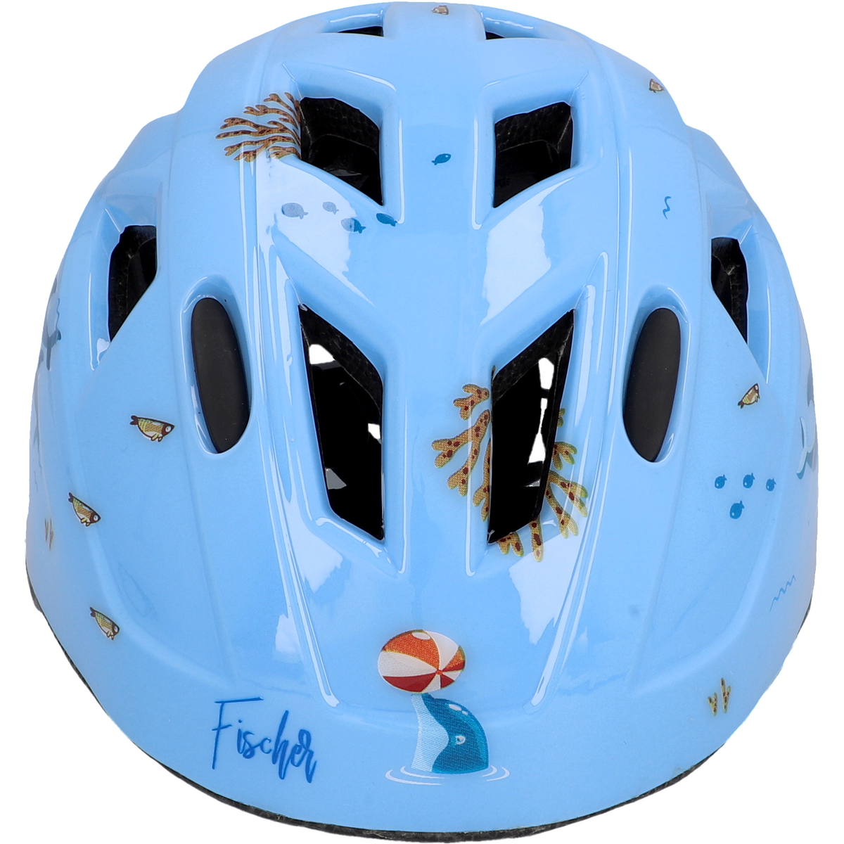 Blauer Kinderfahrradhelm mit Fisch- und Meer-Designs. Der Name Fischer ist aufgedruckt.