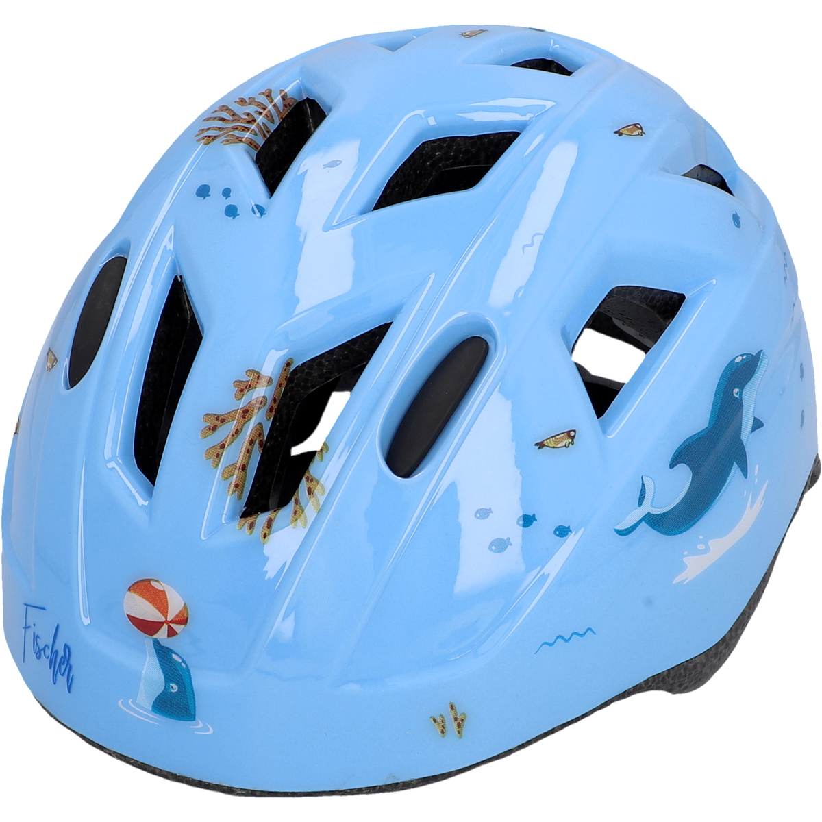 Blauer Kinderfahrradhelm mit Illustrationen zum Thema Meer, darunter Delfine, Fische und ein Strandball.