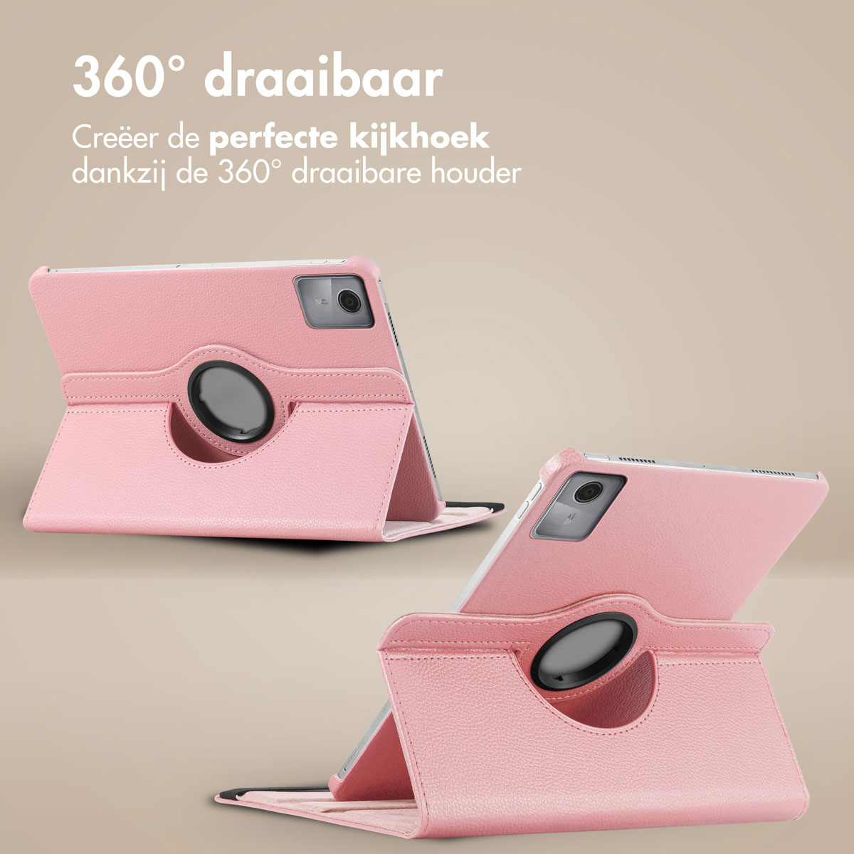 Pink tablet case with a rotating holder. Tablet in two positions, with a gray interior.