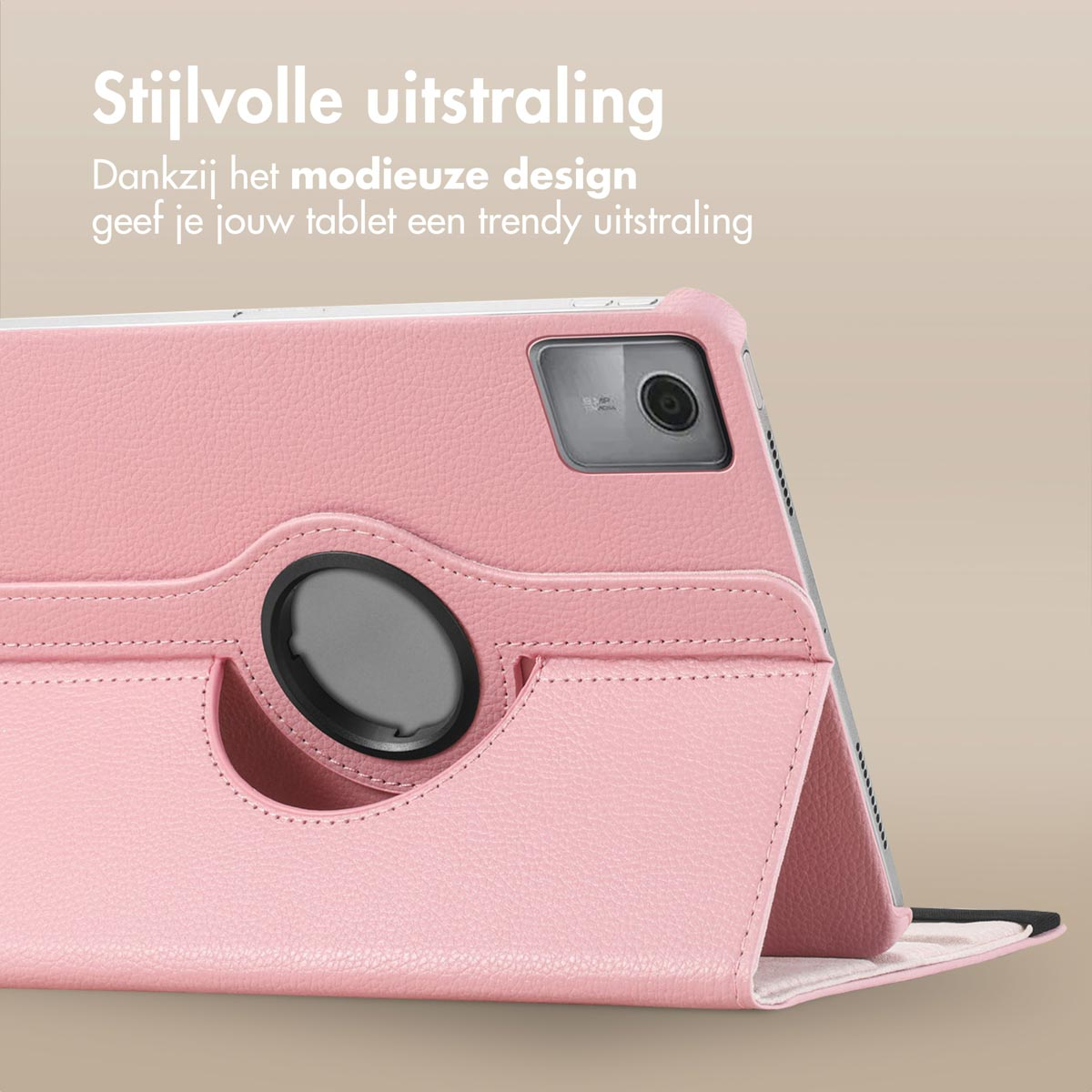 Pink tablet case with rotating stand. Tablet is inside. Beige background.