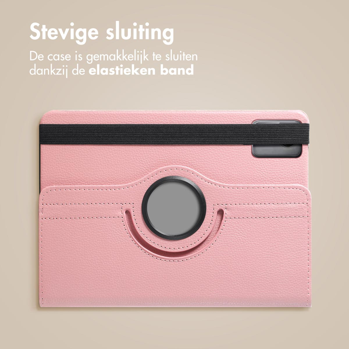 Pink tablet case with an elastic band closure and a close-up of the case's features.