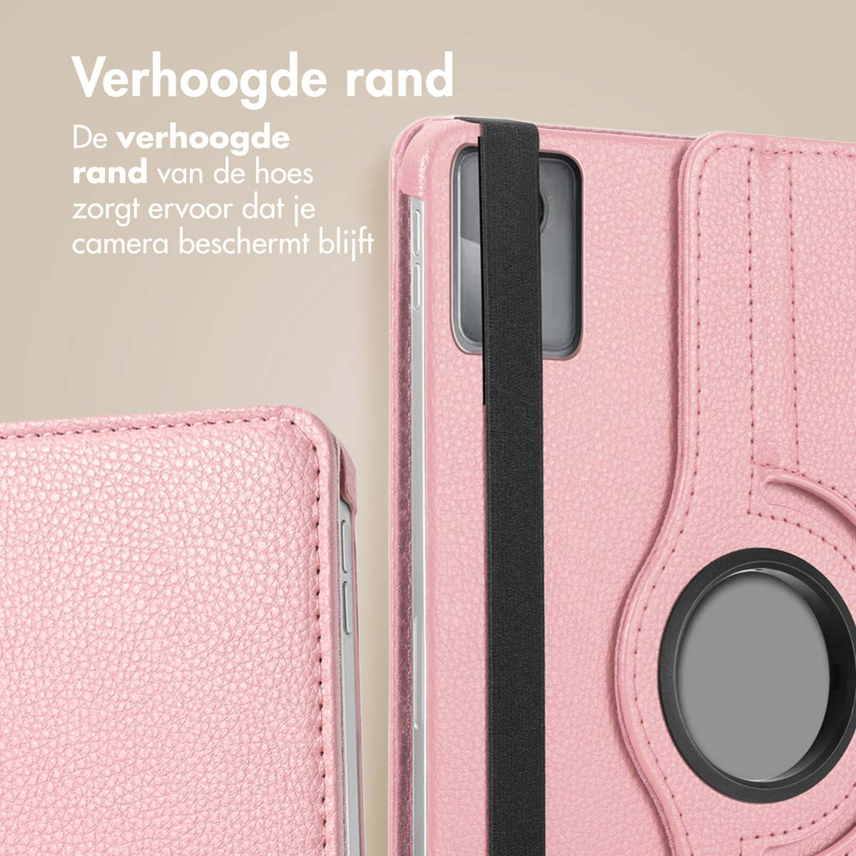 A pink tablet case with a black band and a black circular holder, a partial view of the tablet.