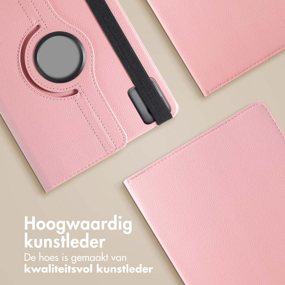 Pink tablet case with text. Made of high-quality faux leather. Tan background.