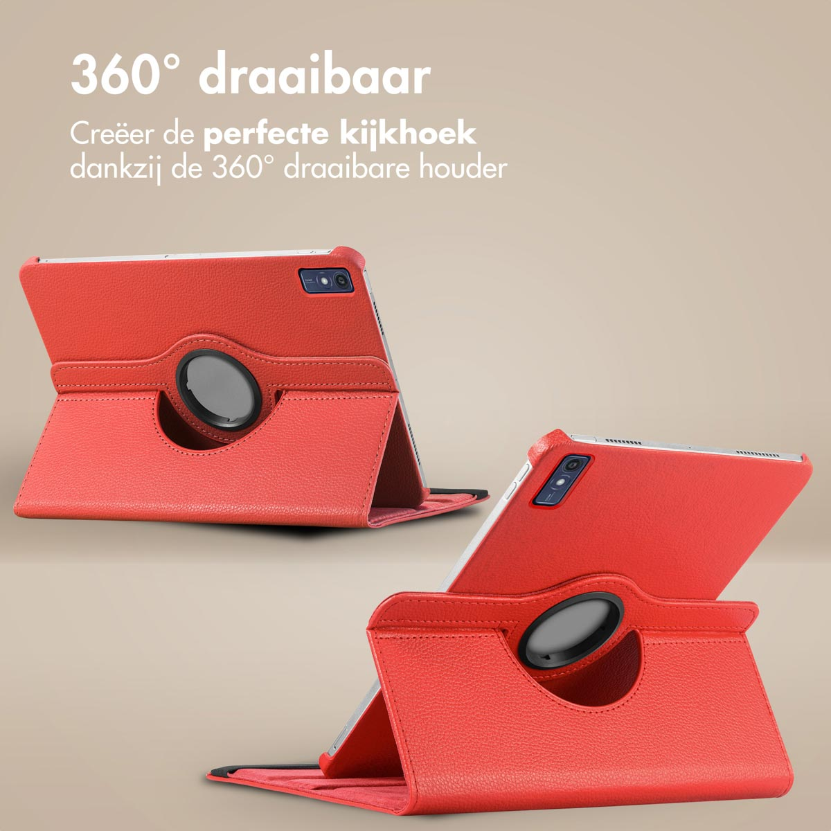 Red tablet case in two positions, showcasing a 360-degree rotatable stand for the device.