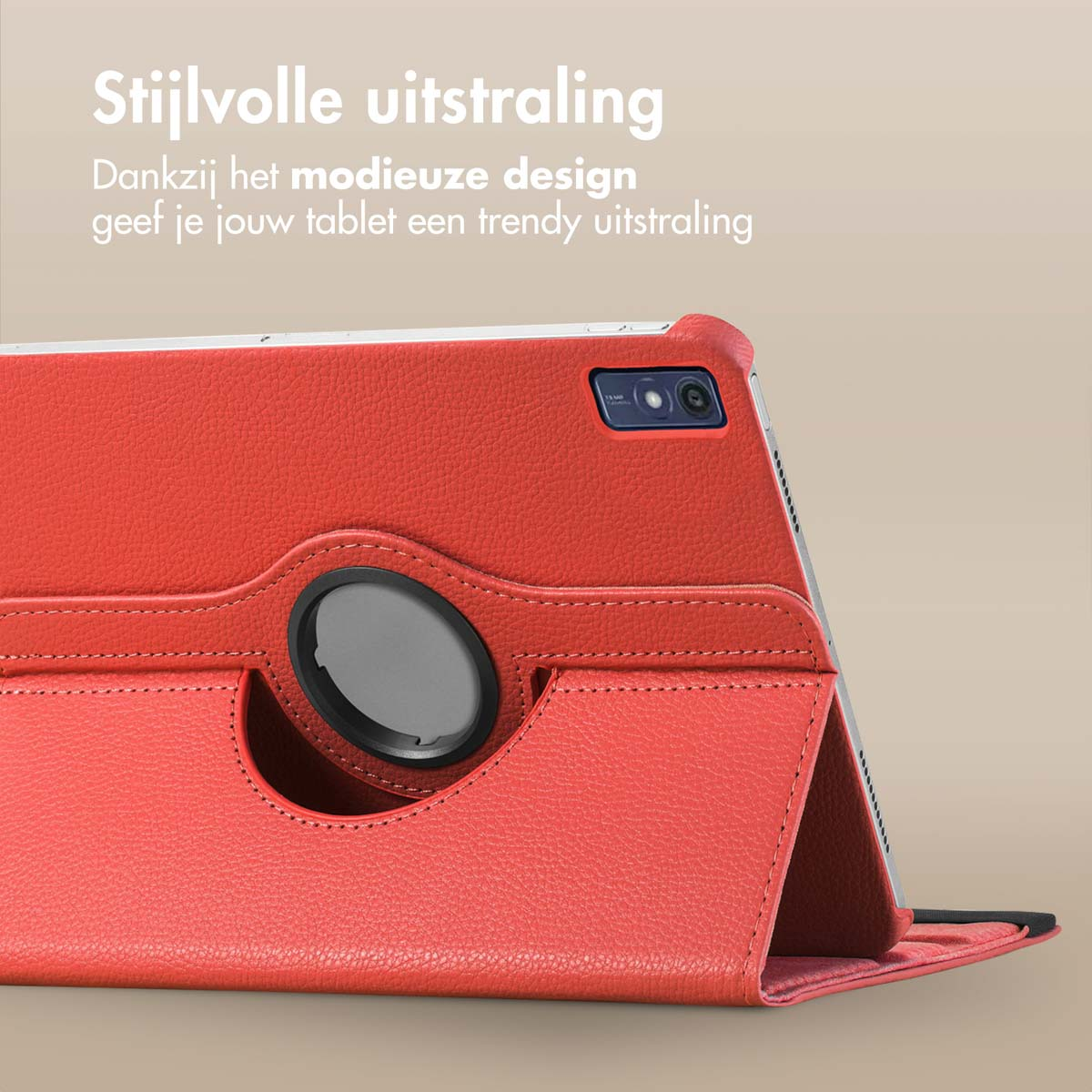 Red tablet case with a stylish design, showing the camera and a trendy look.
