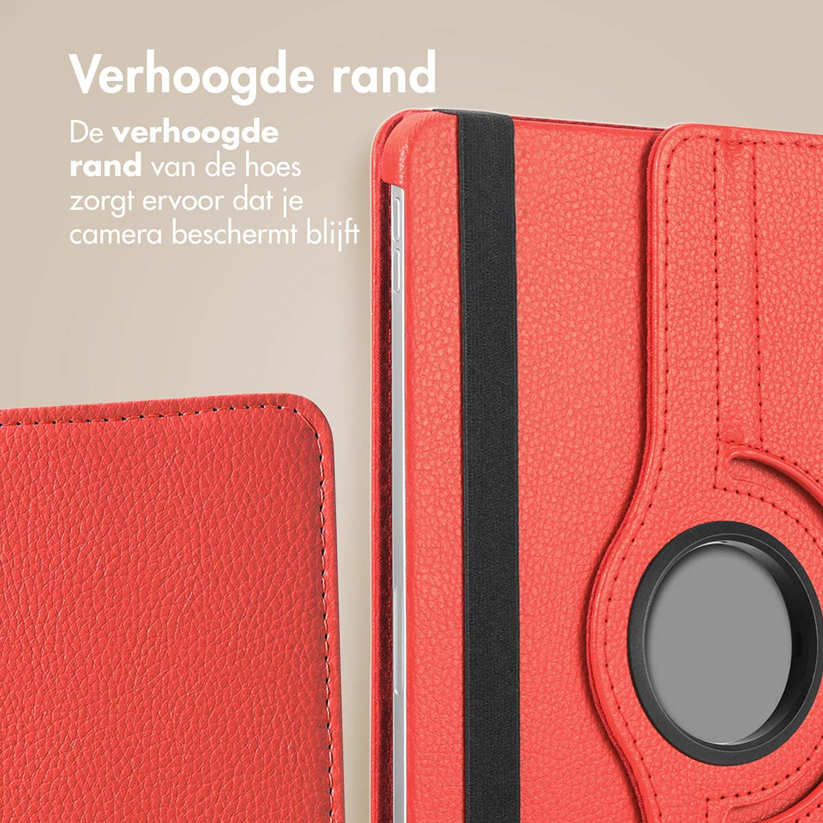 Red tablet case showing the raised edge of the case. The background is a tan-colored surface.