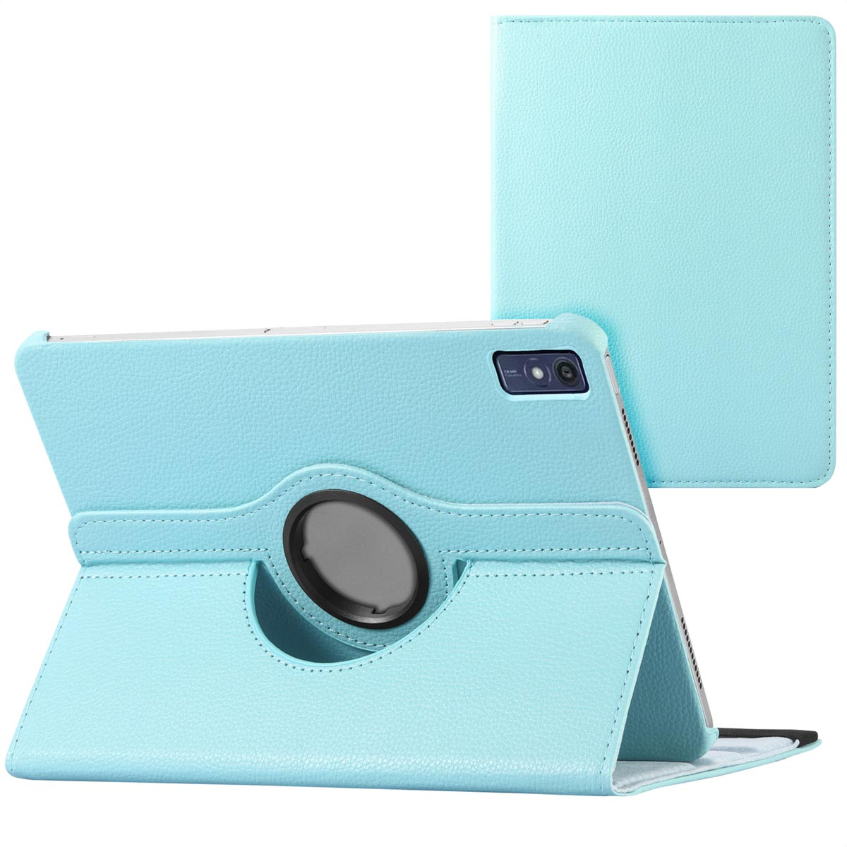 Light blue tablet case with rotating stand, opened, showing the tablet and closed showing the back.