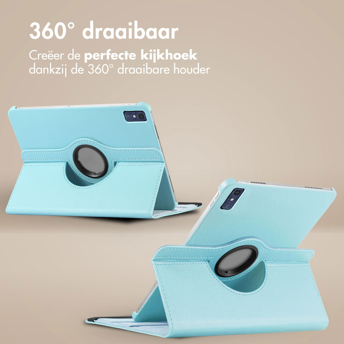 Two turquoise tablet cases showing 360° rotating design. One angled, the other flat.